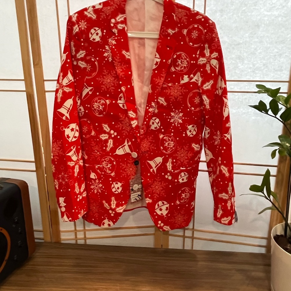 NWT Suslo Couture Christmas Blazer Jacket Ornament Print Slim Fit Small